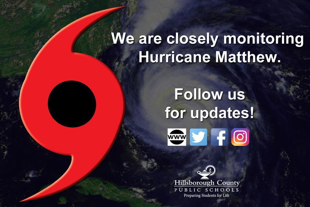 HillsboroughSch's tweet photo. We are closely monitoring #HurricaneMatthew. School is still in session for tomorrow, Thursday Oct. 6. We'll continue to post updates #RT https://t.co/xoNYCJBhpS