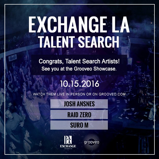 ExchangeLA's tweet photo. Thanks to everyone who entered the @grooveo talent search. Winners @Surohh, @TheDewJew &amp; @RaidZeroSF will DJ the gallery Saturday 10/15! https://t.co/JcIa7XT8c1