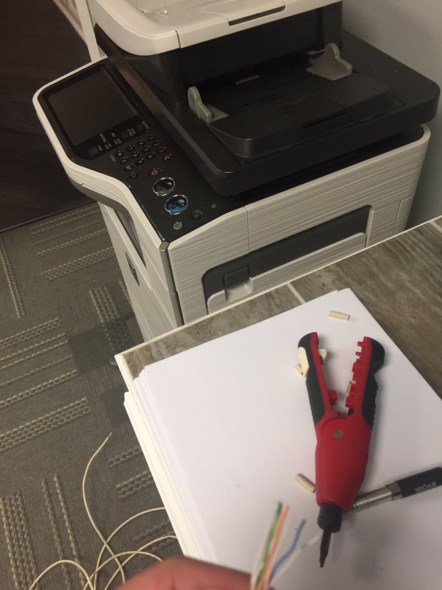 gsloper's tweet photo. Pulling out old school skills for my neighbor's office. Punching down cable so the printer connects to the interwebs tonight. #notcloud https://t.co/auC9s1oNIx