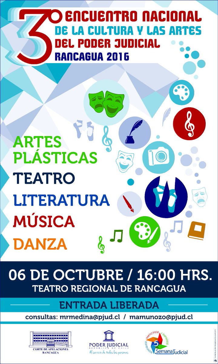 III Encuentro nacional de la Cultura y las Artes del Poder Judicial.
Entradas: mrmedina@pjud.cl, mamunozo@pjud.cl o ncarrascos@pjud.cl