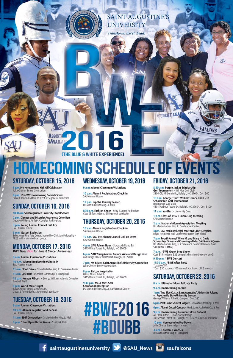 SAU_News's tweet photo. Calling all Falcons! We proudly present to you "The Blue & White Experience!" 💙🐦⚪️#Homecoming #BWE2016 #BDubb #FalconPride https://t.co/zeLwv8S0cf