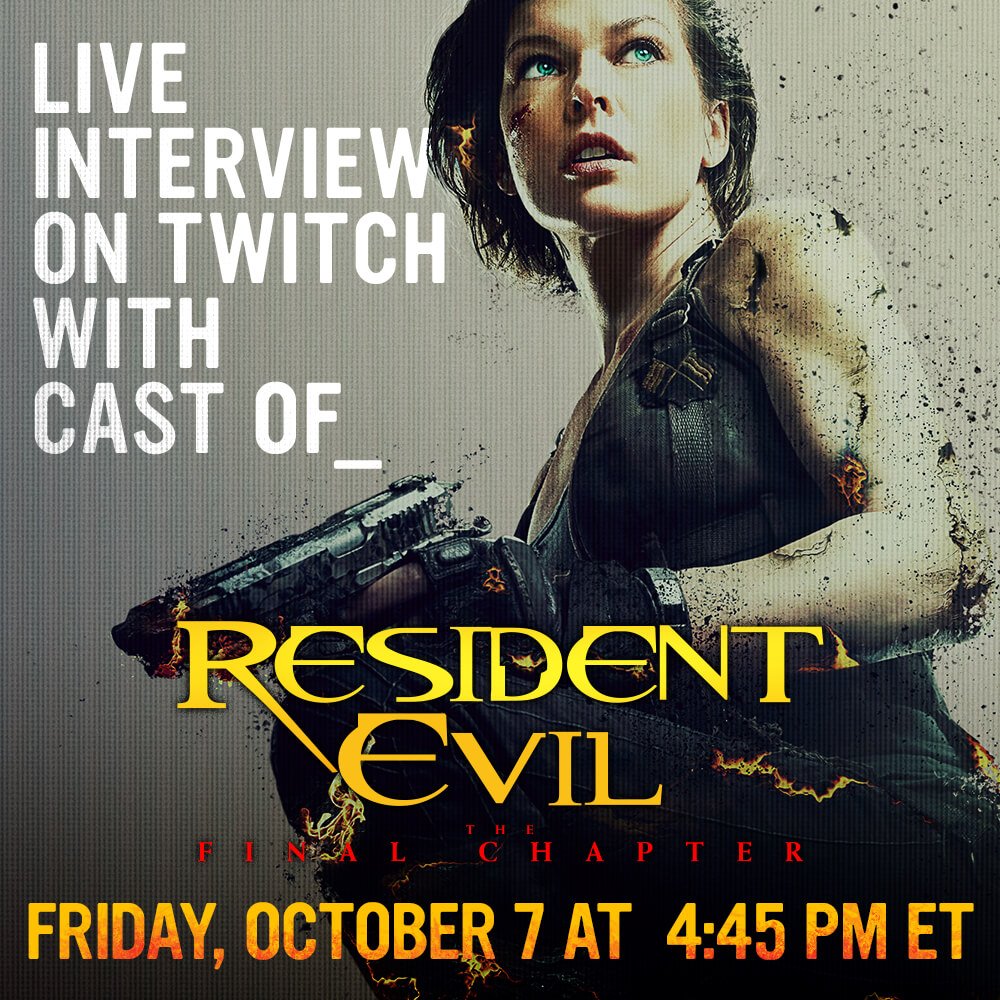 ResidentEvil's tweet photo. #ResidentEvilMovie stars @MillaJovovich, @TheRealAliL, @willylevy29, @eoincmacken and director Paul W.S. Anderson will be LIVE on Twitch! https://t.co/3xGH9wPLd9