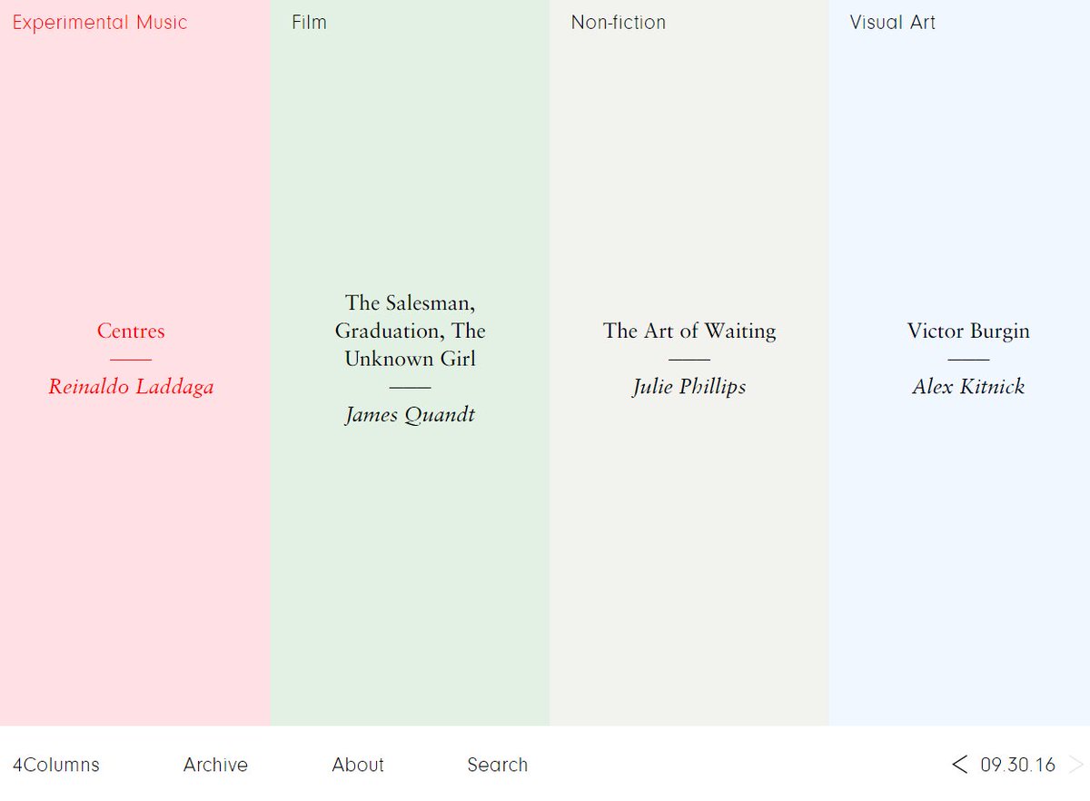 walkerartcenter's tweet photo. 4Columns is a new website of arts criticism offering a distinctive voice on contemporary culture and the arts. → https://t.co/uzdiOXJtcr https://t.co/vhfKGtWXYd