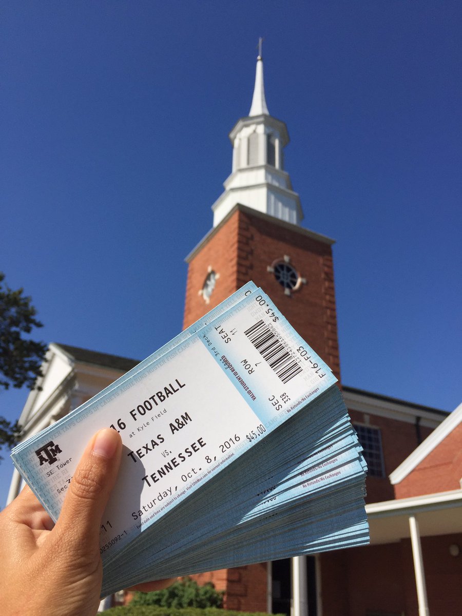 tamuCSA's tweet photo. Aggie Catholics! Don't forget to pick up your sports pass and ticket from the front desk!! Tailgate will start @12 Saturday in Spence Park https://t.co/VcFL1TqvfL