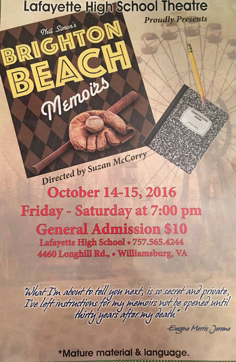 1THEATRE_LHS's tweet photo. Lafayette Theatre presents BRIGHTON BEACH MEMOIRS! Oct. 14th &amp; 15th @ 7 pm. Understudy - Oct. 12th https://t.co/MCalDh2WP1