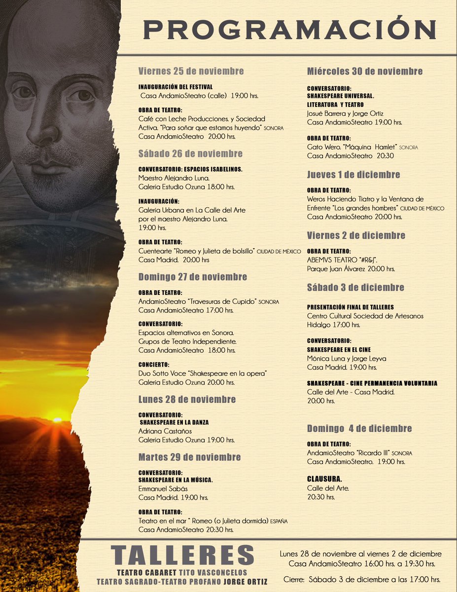 AndamiosTeatro's tweet photo. Aquí tenemos la programación del PRIMER FESTIVAL NACIONAL SHAKESPEARE EN EL DESIERTO. Con gusto les compartimos la PROGRAMACIÓN #SEED2016 https://t.co/NDzDQIwm13