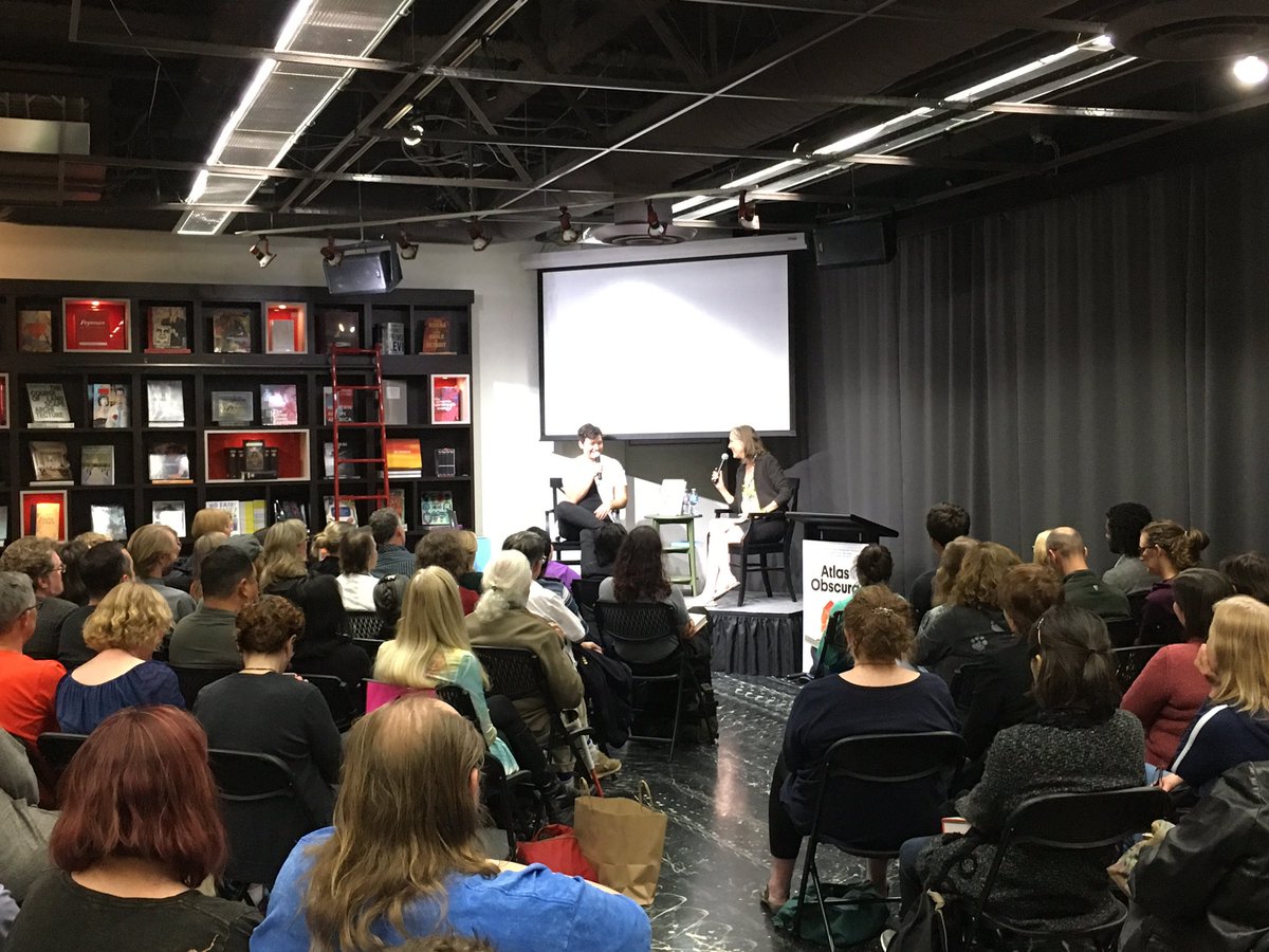 Keplers's tweet photo. Thanks to @mary_roach & @dylanthuras for the great talk tonight at @Keplers about the new @atlasobscura book. @WorkmanPub #ithadtobesnakes https://t.co/fFBNv51v14