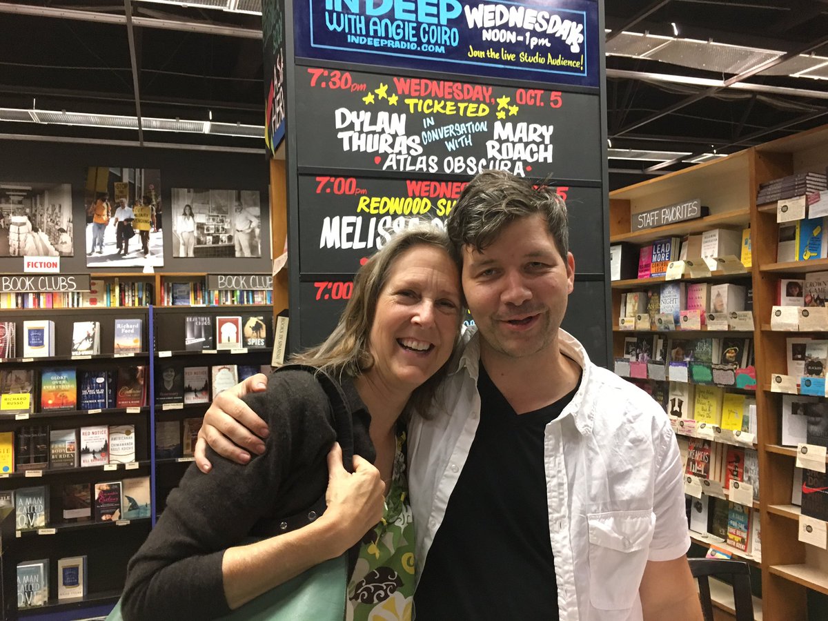 Keplers's tweet photo. Thanks to @mary_roach & @dylanthuras for the great talk tonight at @Keplers about the new @atlasobscura book. @WorkmanPub #ithadtobesnakes https://t.co/fFBNv51v14