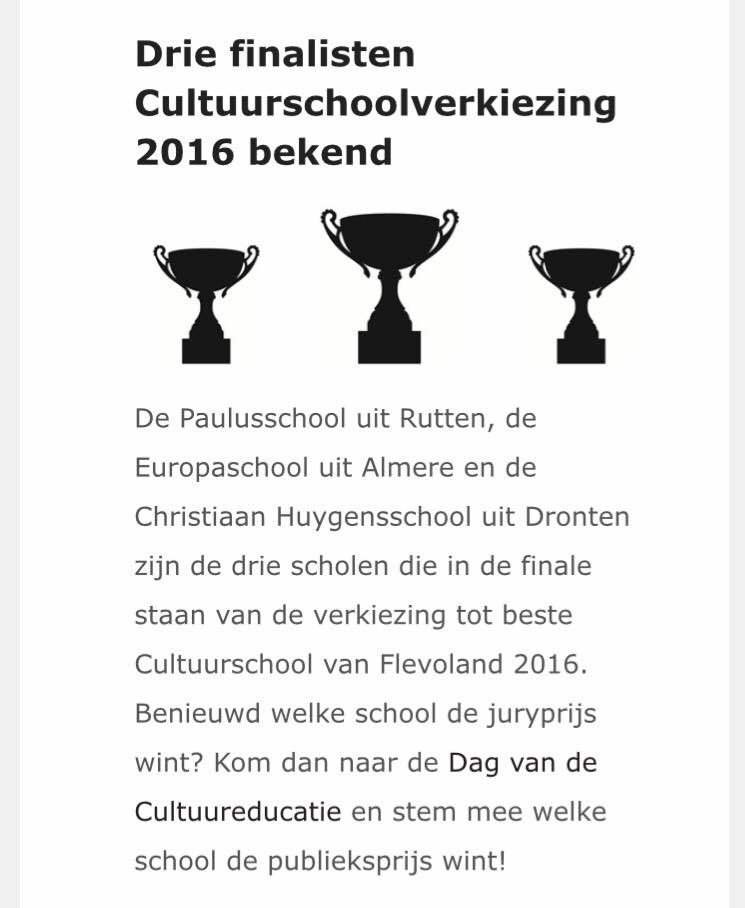 Christiaan Huygens is genomineerd voor de cultuurschool van Flevoland 2016!