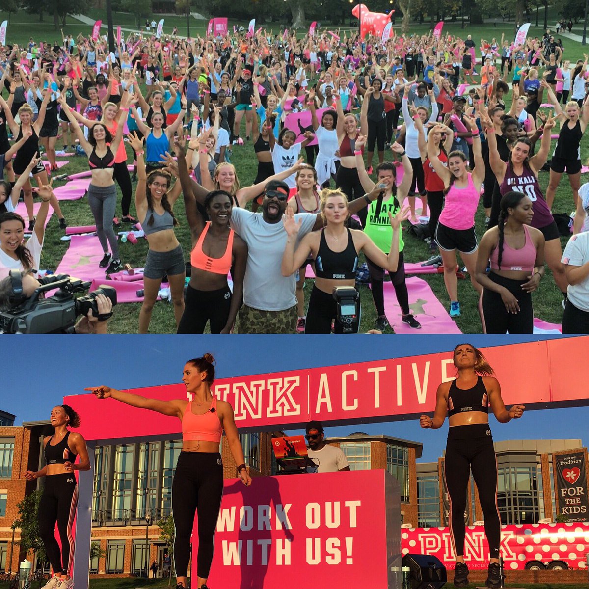 IRIE's tweet photo. Way to #KeepUpWithUs for the @VSPINK Active collection launch @OhioState! My #PinkModel Fam @rachel_hil & @zuritibby put in werk!💦💦@PINK_OSU https://t.co/H2w8DykGr6