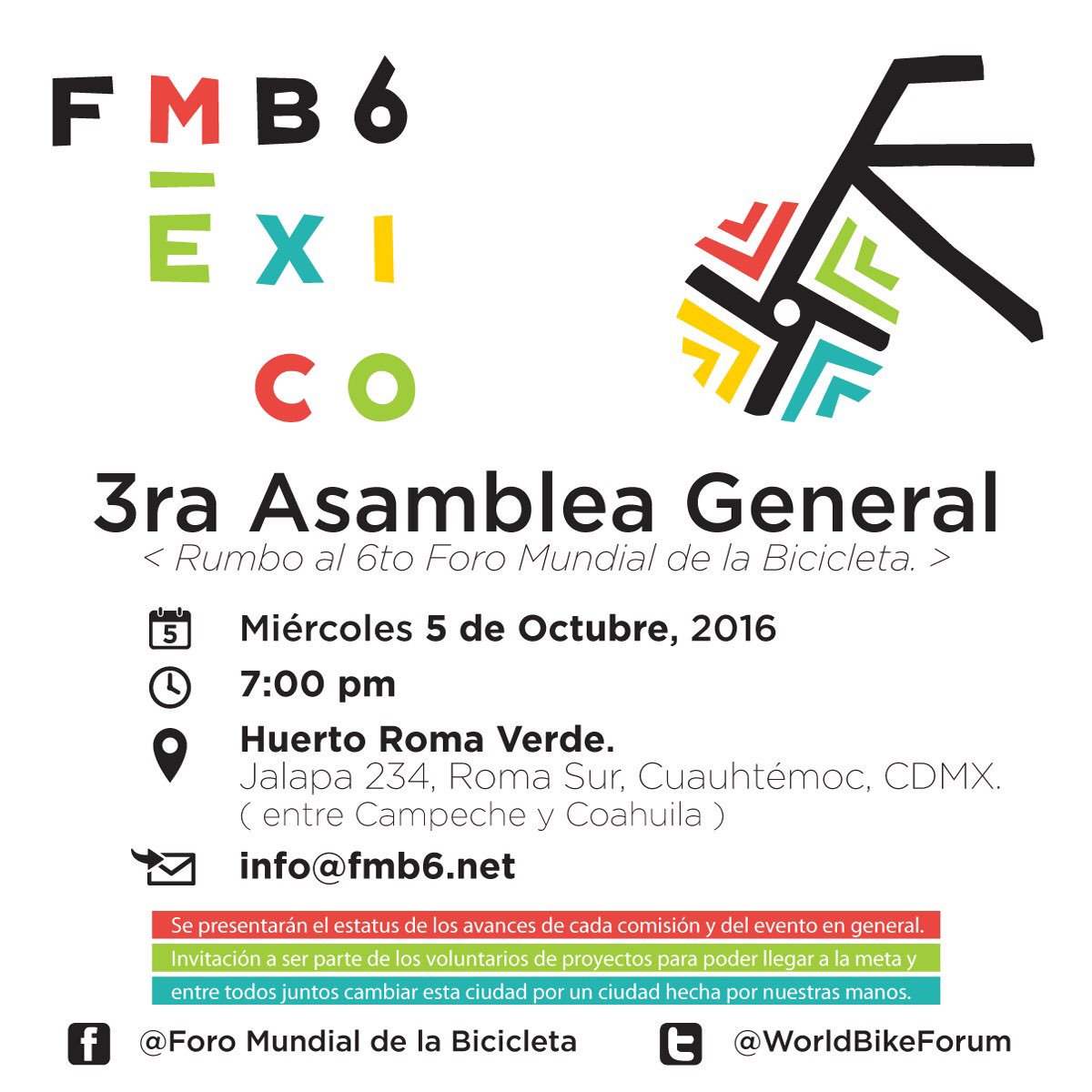 3a Asamblea de voluntarios rumbo al <a href="/WorldBikeForum/">Foro Mundial Bicicleta</a> #FMB6Mex 19abril2017 <a href="/HuertoRomaVerde/">RomaVerde</a>