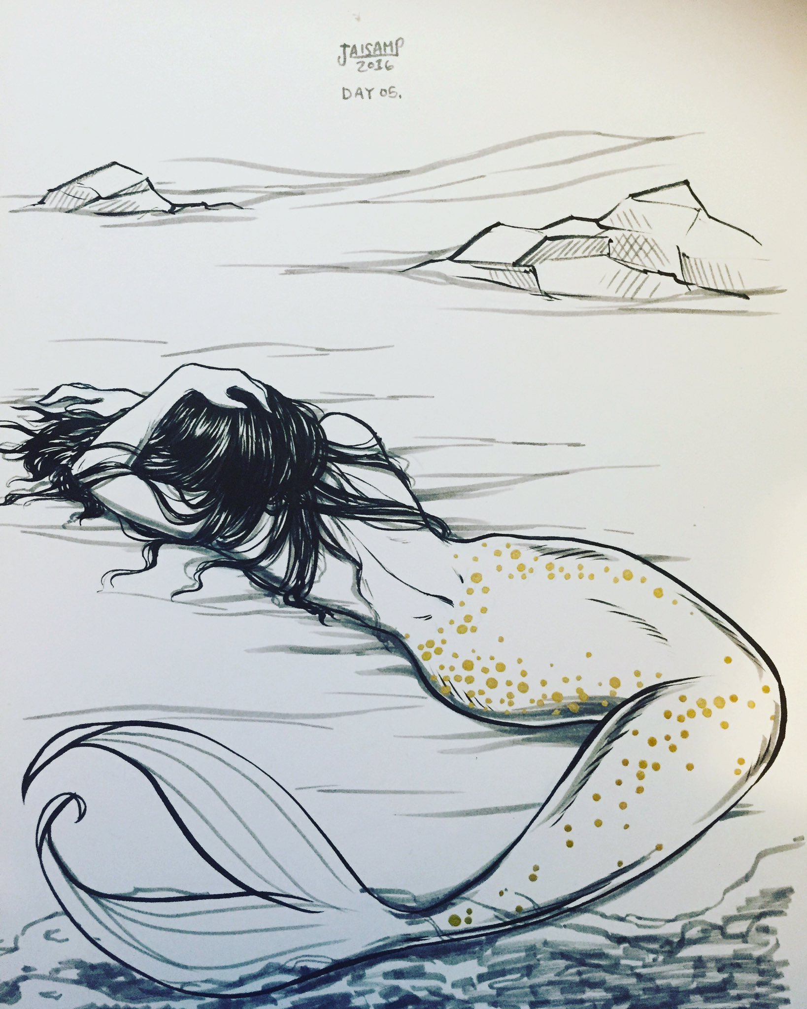 Jai.S ✨🌸✨ Comms Open on X: "#inktober #inktober2016 #sad #mermaid This one  feels like a flop. HA, flop. #kuretake #brushpen #goldink #merm #mermie  https://t.co/i9ypMObTf7" / X