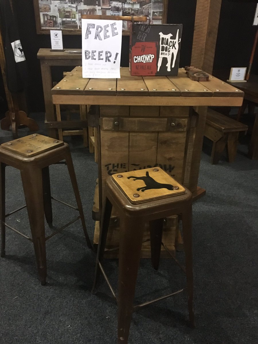 FREE BEER and stools with every bar leaner sold this week! #waikatohomegardenshow #blackdogfurniture