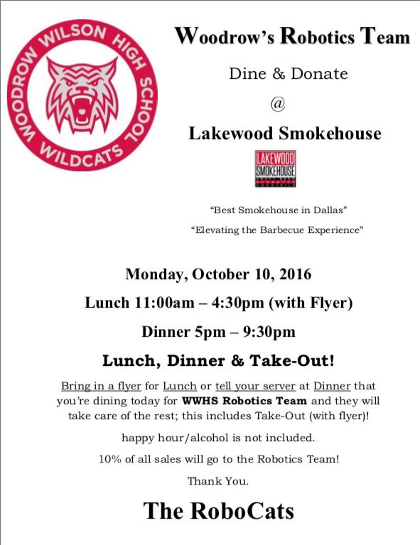Woodrow Wilson HS (@woodrowwildcats) on Twitter photo Teacher conferences call for dinner out. Join <a href="/the_robocats/">Woodrow Robotics</a> for dinner at Lakewood Smokehouse & support the team. #robotlivesmatter Teacher conferences call for dinner out. Join <a href="/the_robocats/">Woodrow Robotics</a> for dinner at Lakewood Smokehouse & support the team. #robotlivesmatter