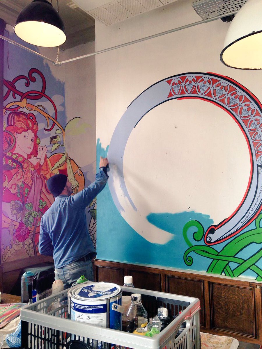 <a href="/EdApLlwyd/">Ed Ap Llwyd</a> gettin his #graff on! #doubledenim #spraypaint #ladyofthehops #artnoveau #alphonsemucha #mural