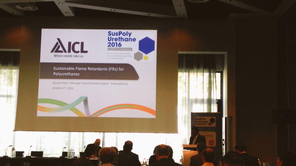 RM_Conferences's tweet photo. Munjal Patel, ICL-IP starts discussing sustainable flame retardants on Day 2 #SusPolyUrethane https://t.co/8CoonN9FUz