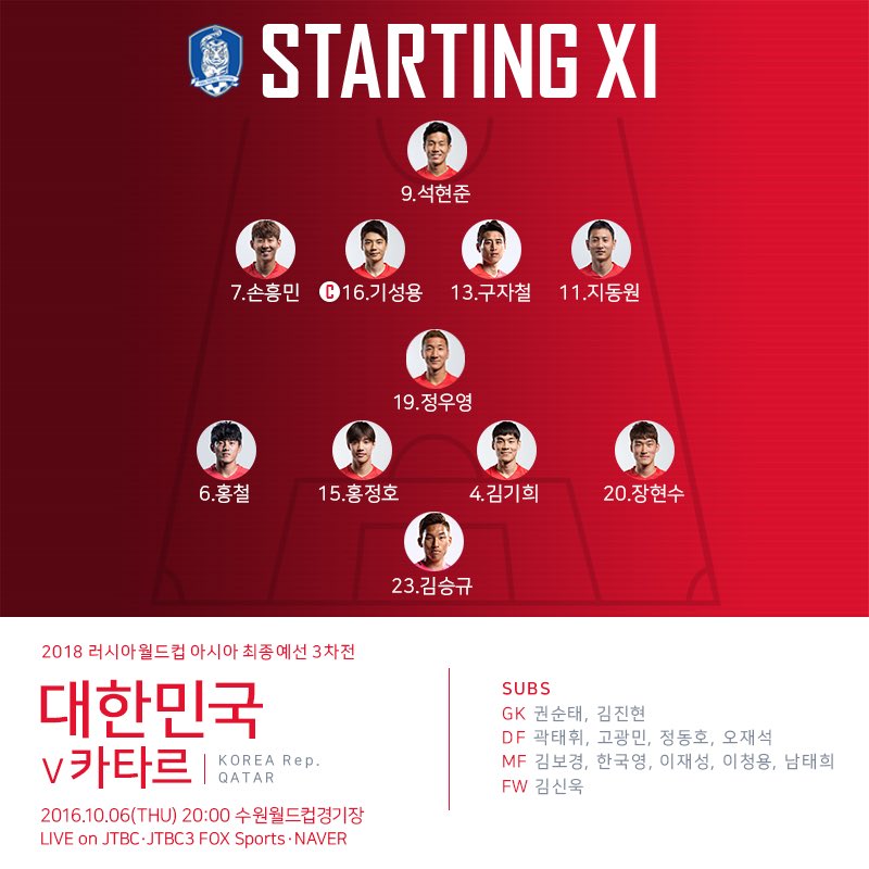 대한민국 vs 카타르 대한민국 라인업.official | 인스티즈