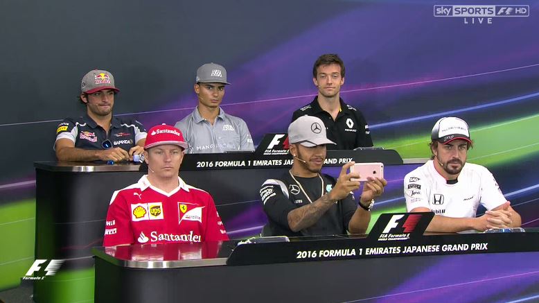 SkySportsF1's tweet photo. Live now on #SkyF1 - the #JapaneseGP Drivers' Press Conference featuring Hamilton, Alonso and Raikkonen! https://t.co/Gu58bfQgtu