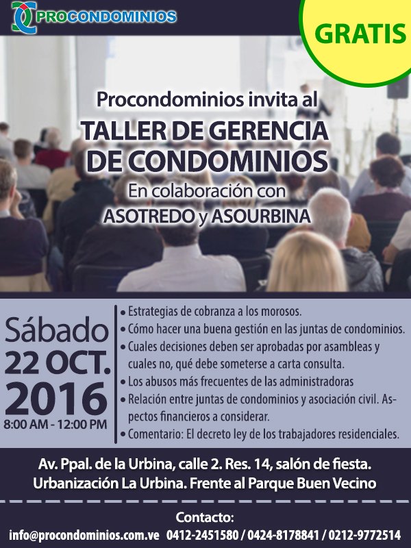CursosExpodato's tweet photo. En La Urbina, Caracas TALLER DE GERENCIA DE #CONDOMINIOS* 22 de octubre @Procondominios #Asotredo #Asourbina https://t.co/RUfhsEK7Q6 #gratis