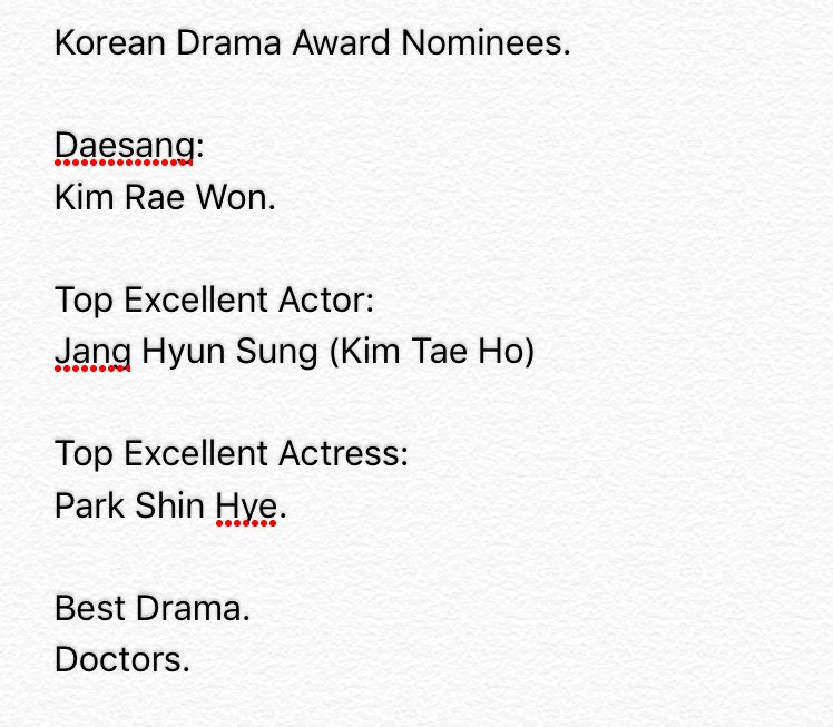 Korean Drama Award Nominees. 

#Doctors #KimRaeWon #ParkShinHye #JangHyunSung ✨