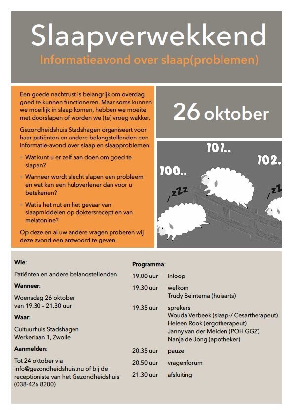 Slaapt u slecht? Wilt u weten wat u kunt doen bij slaapprobemen? Kom naar onze info-avond op 26 oktober!