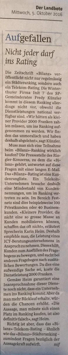 kuenzler's tweet photo. #Bilanz #Telekomrating: @telecomuser vom @landbote findet Erhebungs-Methode und «Teilnahme-Gebühr» von CHF 2000 ziemlich fragwürdig. https://t.co/oeACSTJUrN