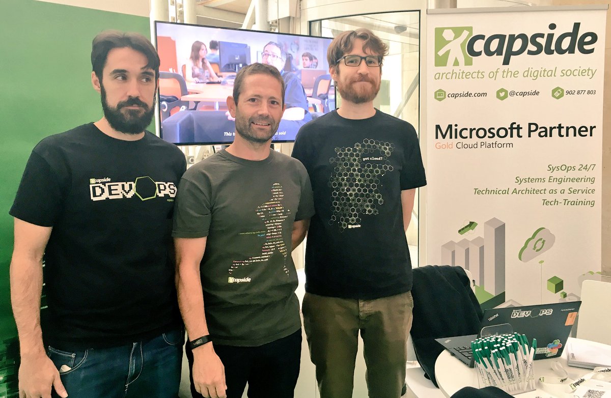 capside's tweet photo. ¿La camiseta #DevOps, #coderunner o #gotcloud?
Pregunta por Hermes Conrad en nuestro booth en #MicrosoftSummit #TechSum y ¡te llevas una!👕 https://t.co/thpLzarDSM