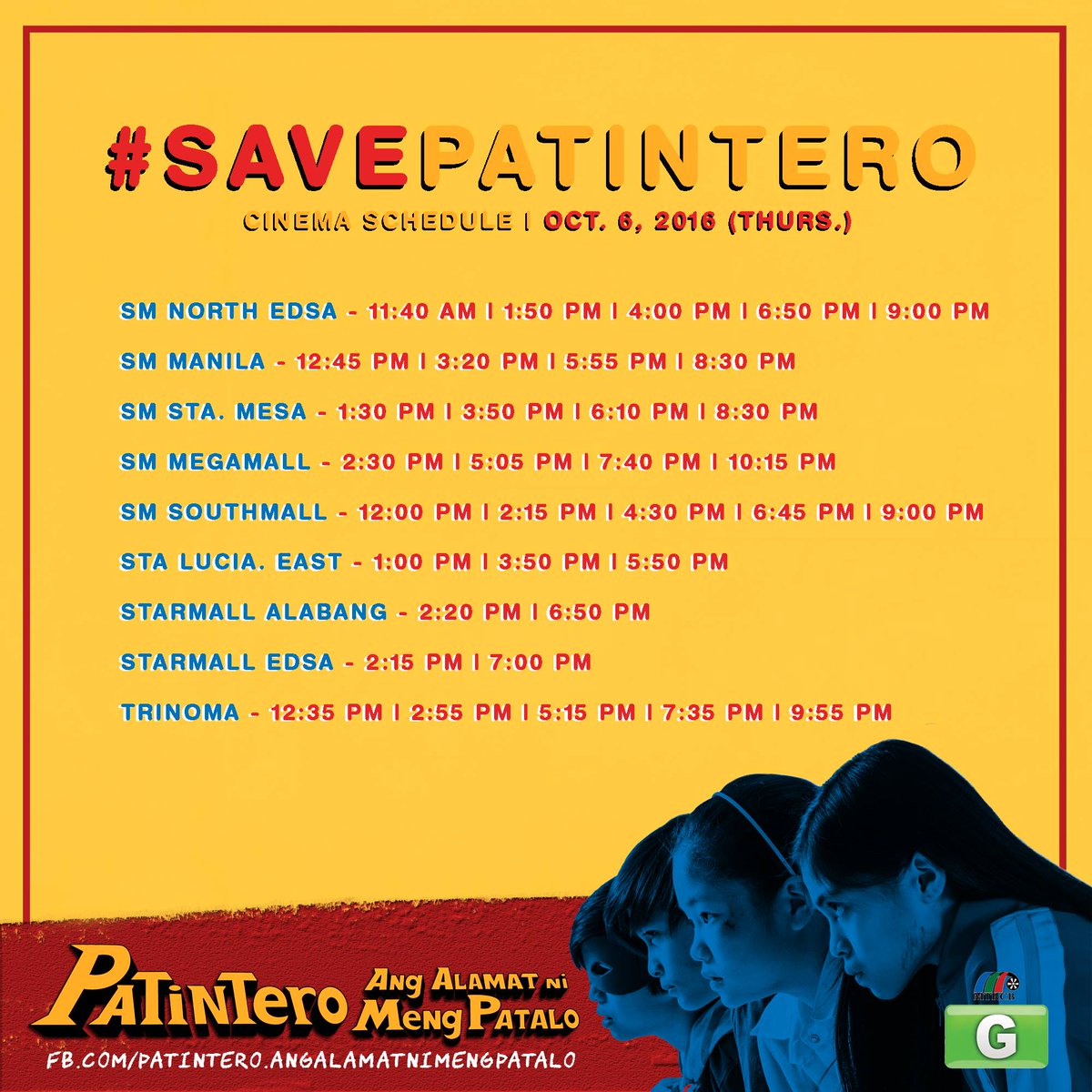 MengPatalo's tweet photo. MGA PATALO! Nood na tayo! Help us #SavePatintero! Ito yung updated Metro Manila and provincial theatre schedules as of October 6. Game? https://t.co/wjKZkJ7IXJ