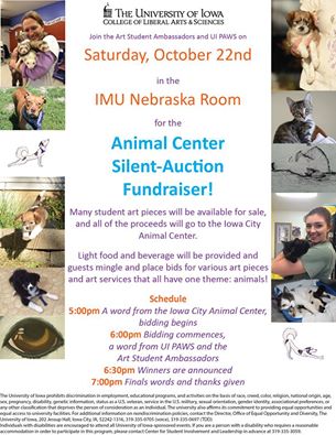 Mark your calendar for the <a href="/UIPAWS/">UI PAWS</a> Art Auction to benefit the animals at <a href="/ICAnimalCenter/">IC Animal Center</a> 
#FACF #ArtAuction #fundraiser #iowacity <a href="/uiowa/">University of Iowa</a>