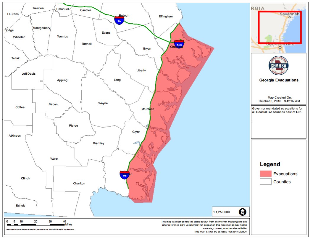 511Georgia's tweet photo. All areas east of I-95 have now been ordered to be evacuated. I-16 will now be contraflowed so that ALL LANES will run westbound. https://t.co/QFMRh8oQdv