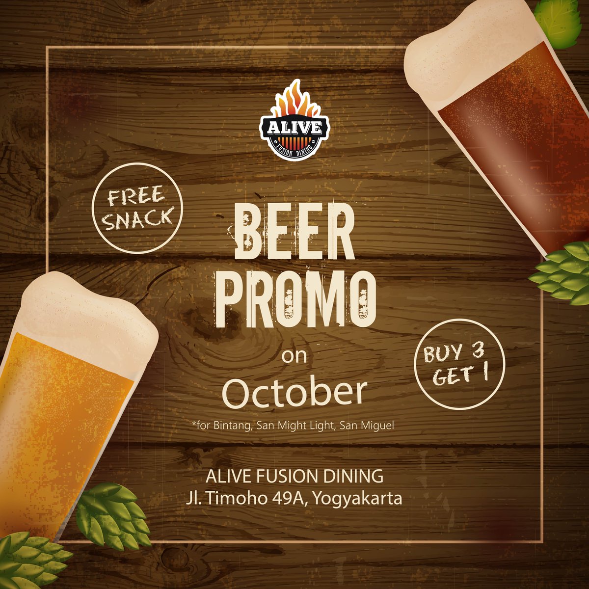 BEER PROMO on OCTOBER🍻
Buy 3 Get 1 for Bintang, San Might Light, and San Miguel only on Alive Fusion Dining!! You will get snack for free!🙌