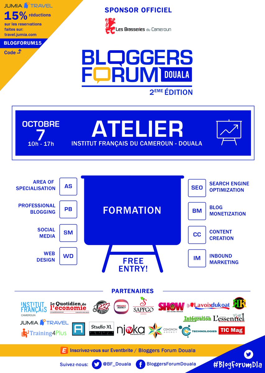 BF_Douala's tweet photo. Les formations qui seront abordées demain, à l'IFC de Douala. The training courses for tomorrrow at the #BlogForumDla https://t.co/Ndh2b65SQc