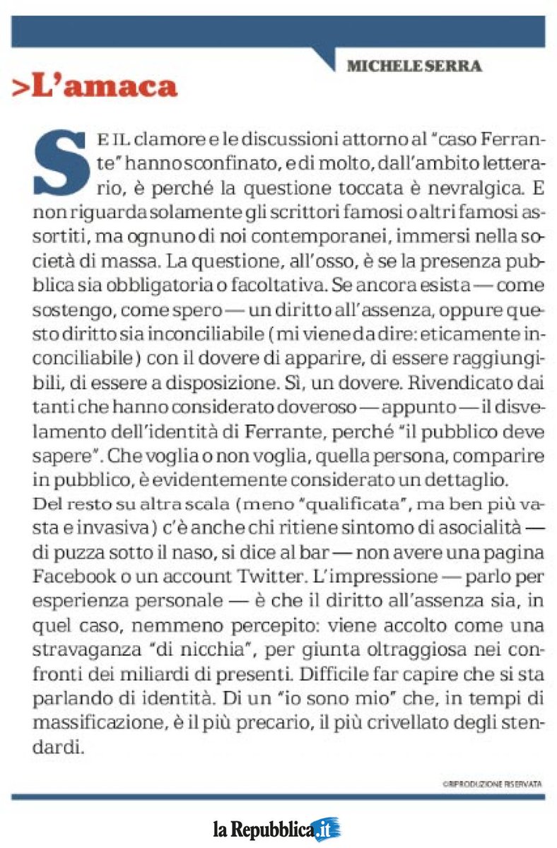 repubblica's tweet photo. Il caso #Ferrante e il diritto all'assenza. L'AMACA di Michele Serra di oggi https://t.co/cTICeKZxRk