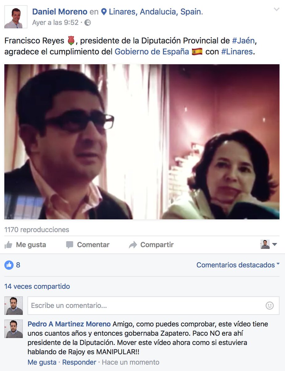 pmartinezmoreno's tweet photo. Así MANIPULA @linarespp: Mueven un vídeo de @pacoreyesm de hace años (no era presidente diputación) defendiendo al Gobierno ZP y NO a Rajoy https://t.co/SQ9hfU0paO