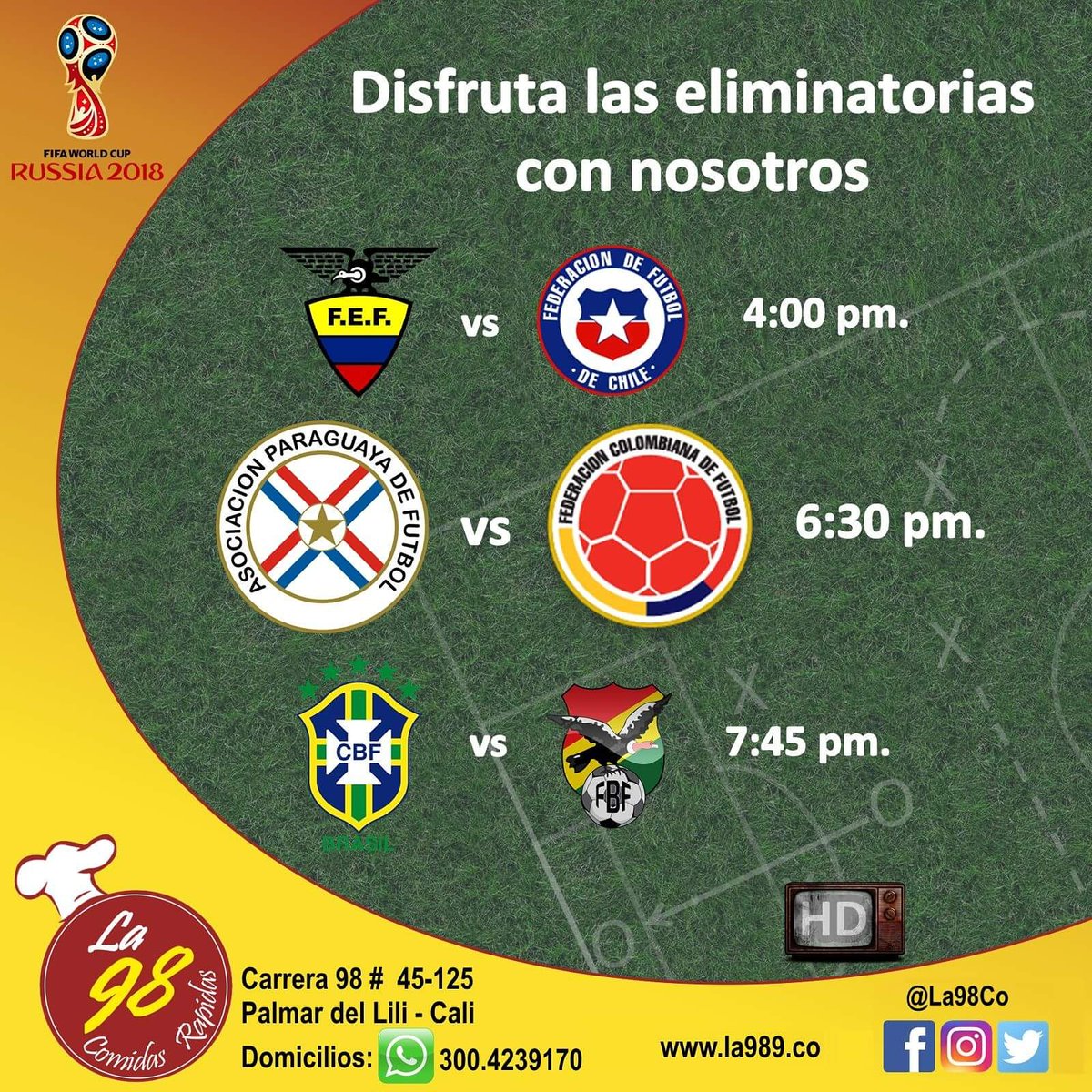 La98Co's tweet photo. Hoy jueves de eliminatorias, ven y disfruta del fútbol sudamericano y de nuestro variado menú, en #La98 desde las 4:00 pm. ¡¡Te esperamos!! https://t.co/e8oBCiLarR