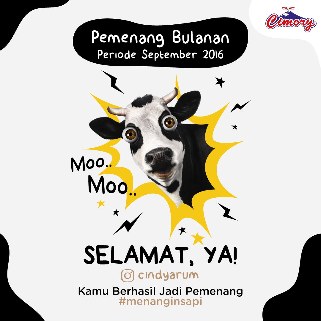 Cimory's tweet photo. *Drum Roll*โฆdan pemenang #MenanginSapi bulan September yg juga pemenang #MenanginSapi terakhir adalah @cindyarum! Selamat yaaa! https://t.co/FaydljcIrH