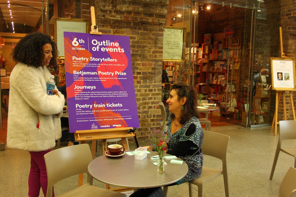 Maslaha's tweet photo. what would you say if you could say anything? @DeannaRodger &amp; @AliaAlzougbi will spin you a tale &amp; draw out your poetry @StPancrasInt today✨ https://t.co/DBOyxIs3oz