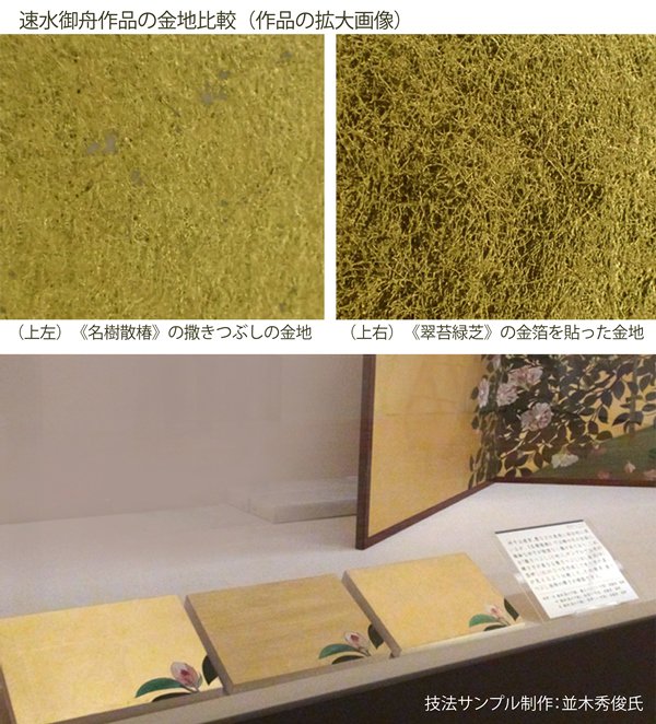 速水御舟《名樹散椿》（重要文化財、山種美術館）には、砂子で画面を