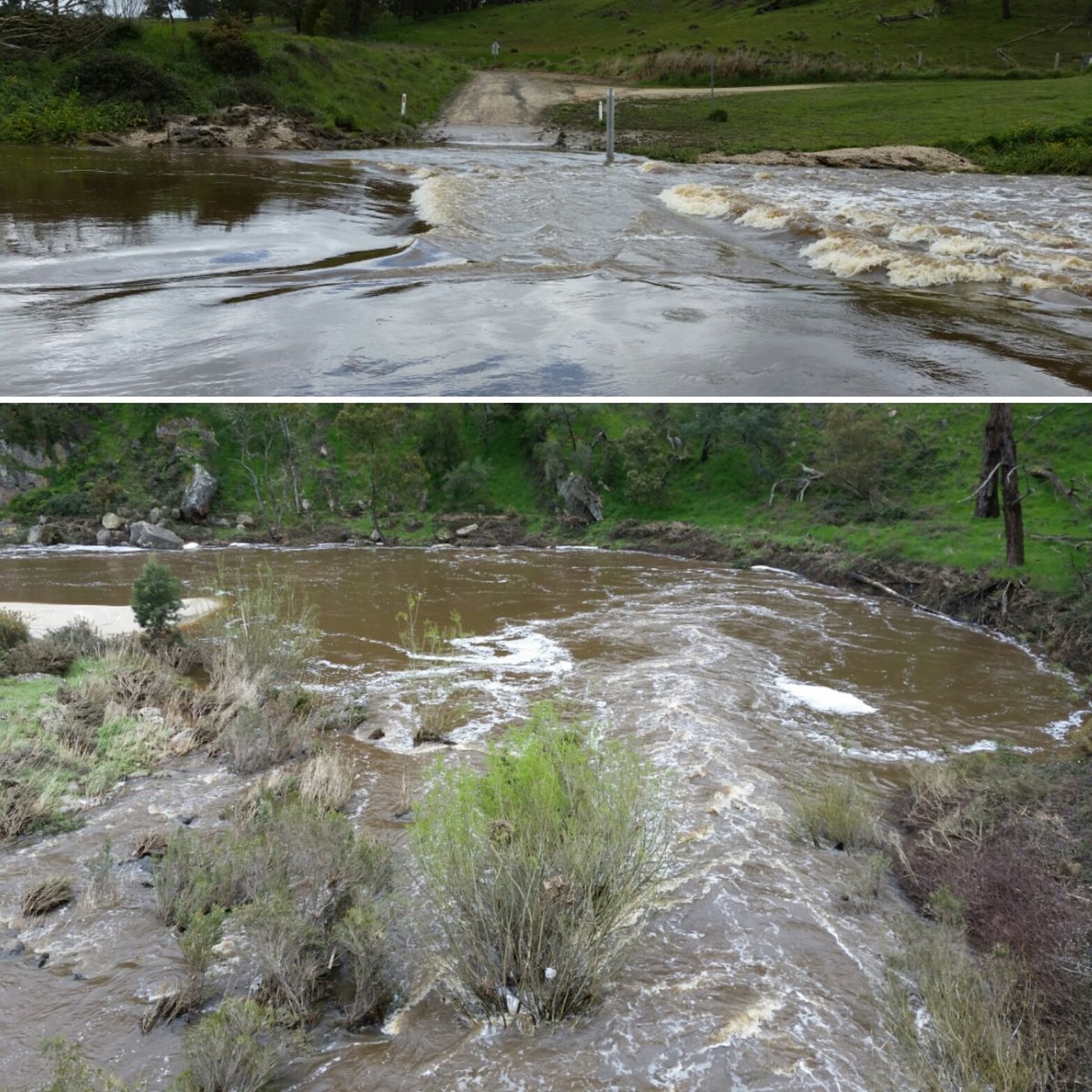 WaterwatchVic's tweet photo. High flows at Kellys Rd &amp; Junction Bridge along the Yarrowee-Leigh River. #Waterwatchers test for changes in turbidity, salinity &amp; more https://t.co/nMB2FcPTc5