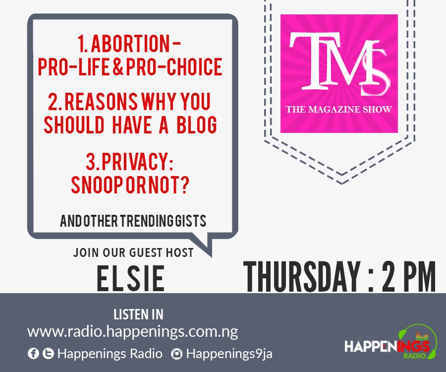 HappeningsRadio's tweet photo. You don't want to miss #TheMagazineShow with @Elsieisy today.
Interesting topics and trending gist!
Tune in by 2pm
https://t.co/9ZJKhGBluk https://t.co/YbbP7WfpFy