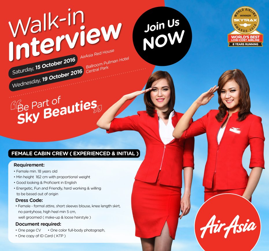 airasia_indo's tweet photo. Be Part of Sky Beauties! Walk-in Interview 15 &amp; 19 Oct 2016, Join Us Now! #KeepingupwithAirAsia https://t.co/zP4XHJ5eeq