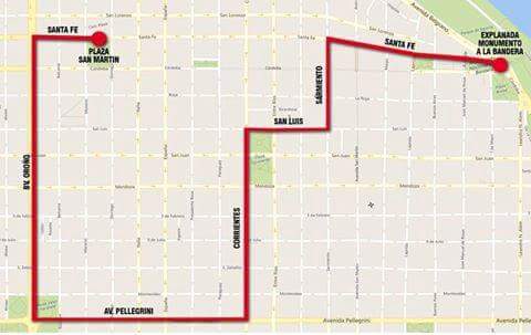 Recorrido marcha!! Sale de pza San Martín! Va x Sta fe, luego Oroño, Pellegrini, Corrientes, San Luis, Sarmiento, Santa Fe hasta monumento!