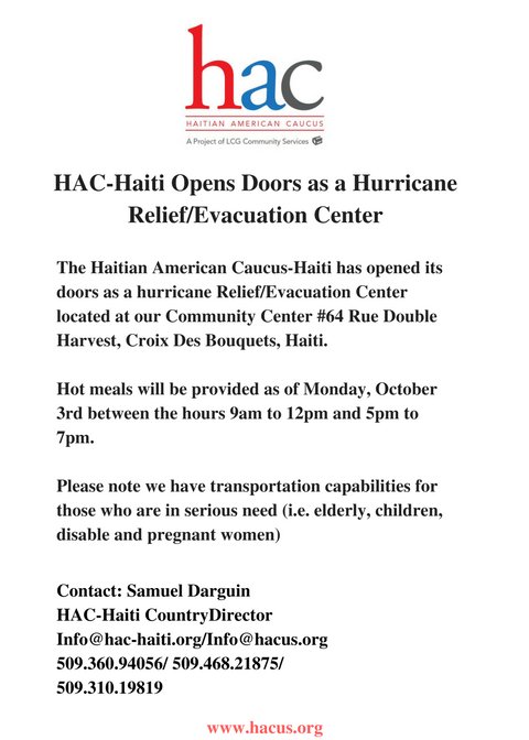 SenatorPierre's tweet photo. @HAC_US  and @HAC_Haiti opened its doors as a Hurricane Relief/ Evacuation Center. Contact us at info@hacus.org or info@hac-haiti.org https://t.co/YC3xc65Zrm