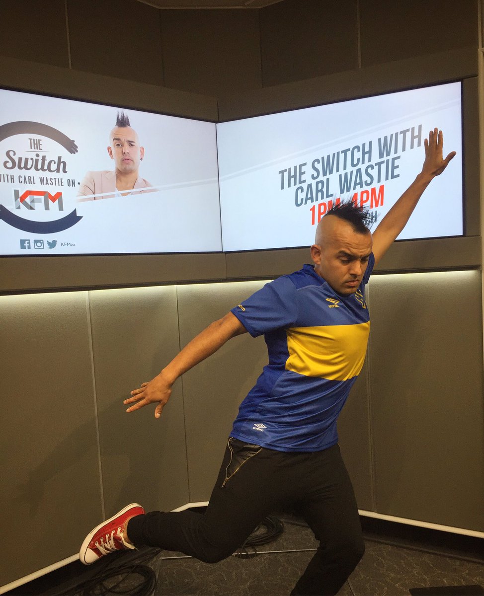 KFMza's tweet photo. Action shot before the MADNESS on air begins! @carlwastie supports @CapeTownCityFC ALL the way! #KFMSwitch https://t.co/q6m6EybdNa