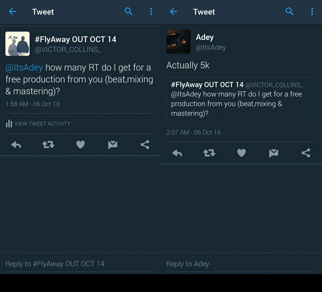 VictorCollinsN's tweet photo. Guyssss Pls 😭😭, Abeg Kindly RETWEET to get me up in the studio with @itsAdey ... 5K #RETWEETS pls.

#FlyAwaybyVictorCollins out Oct 14 #Afro https://t.co/C1b402FAUB