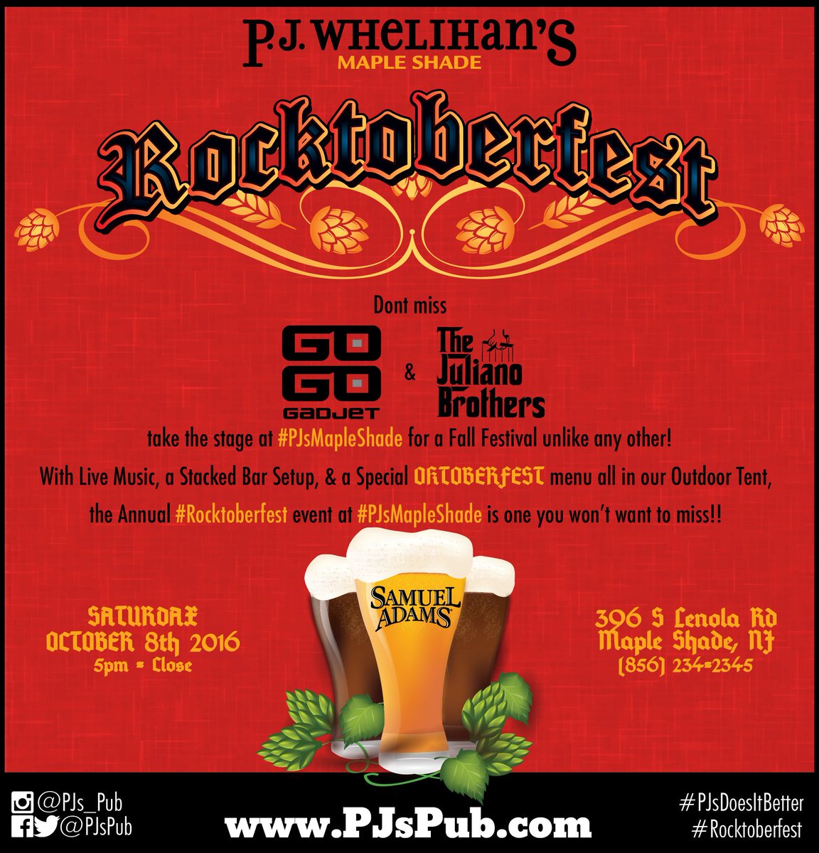 PJsPub's tweet photo. SATURDAY - #Rocktober #TentEvent at #PJsMapleShade Join @GoGoGadjetBand 4 an #Outdoor #Festival w/ #Food #Beer &amp; #LiveMusic #PJsDoesItBetter https://t.co/5wJ7UsStv5