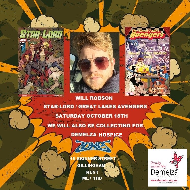 DemelzaCharity's tweet photo. @robsonink will be @AdamZukes #Gillingham on sat 15 oct and the store will be collecting for #TeamDemelza #scifi #Marvel https://t.co/W3xOej0qLR