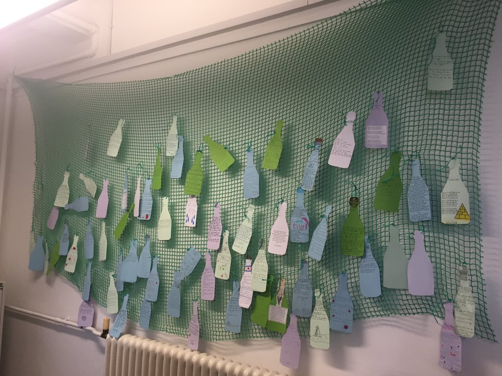 Danjjroberts's tweet image. Wonderful to see so many poems in bottles #NationalPoetryDay @DHSBoys