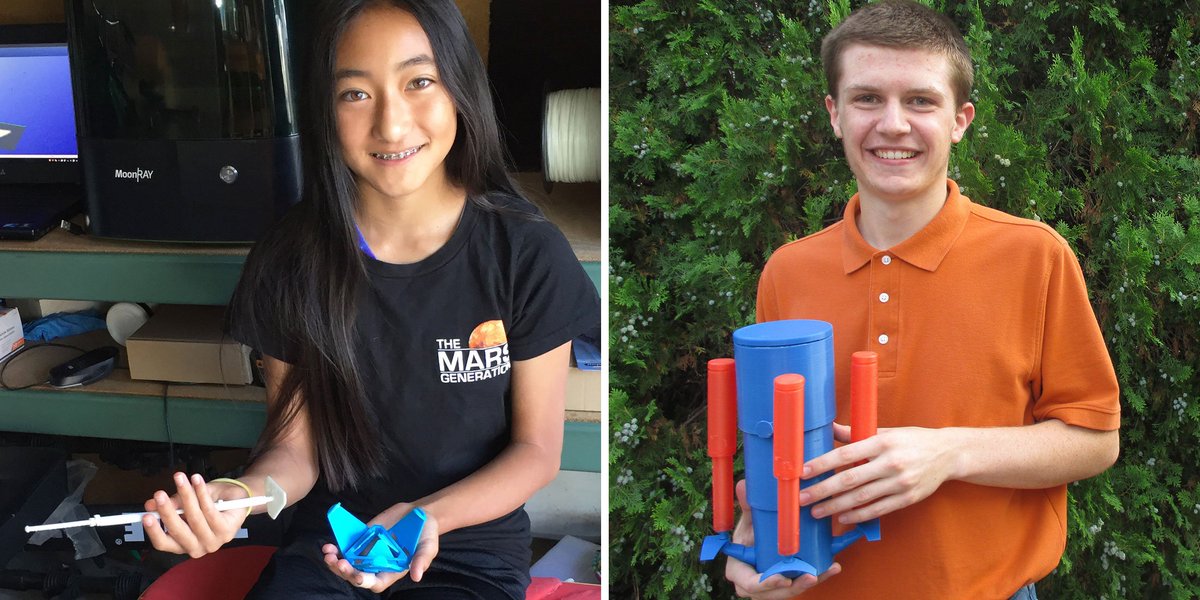NASAArtemis's tweet photo. These winners may have a future in space! Emily &amp; Thomas's designs prove you can do more with less on a 3-D printer. https://t.co/hjstDkgWVk https://t.co/57lLK4Ggth