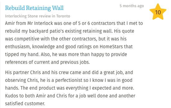 MrInterlock's tweet photo. Our Clients Matter #MrInterlock #Testimonial @homestars https://t.co/T591CiF7Pn